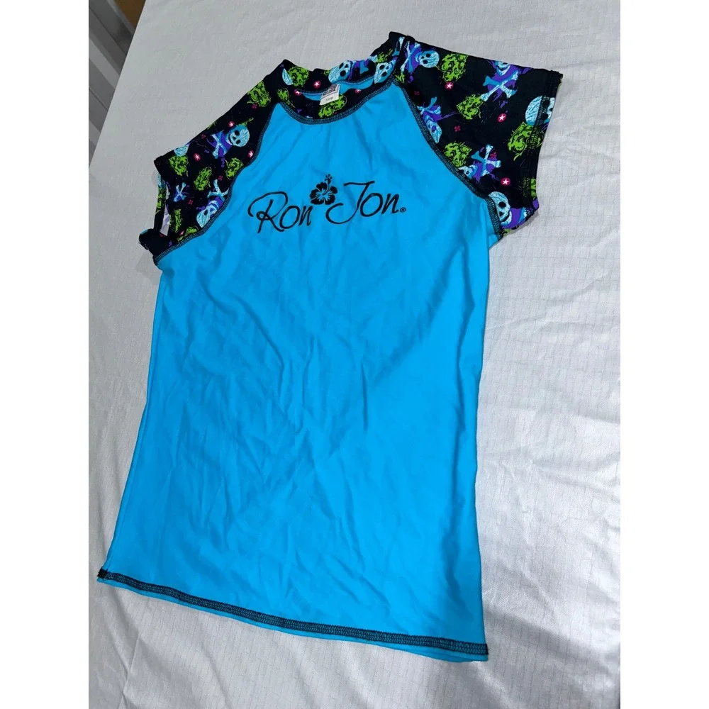Ron Jon Surf Shop Rash Guard Mens Large Blue Sugar Skull Short Sleeve Swim Shirt